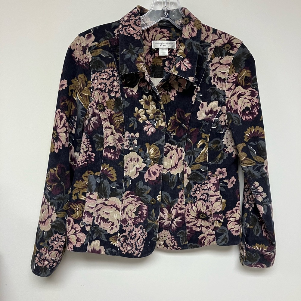 Christopher & Banks Floral Blazer, navy background, with Pink, Green, Gold, SP.